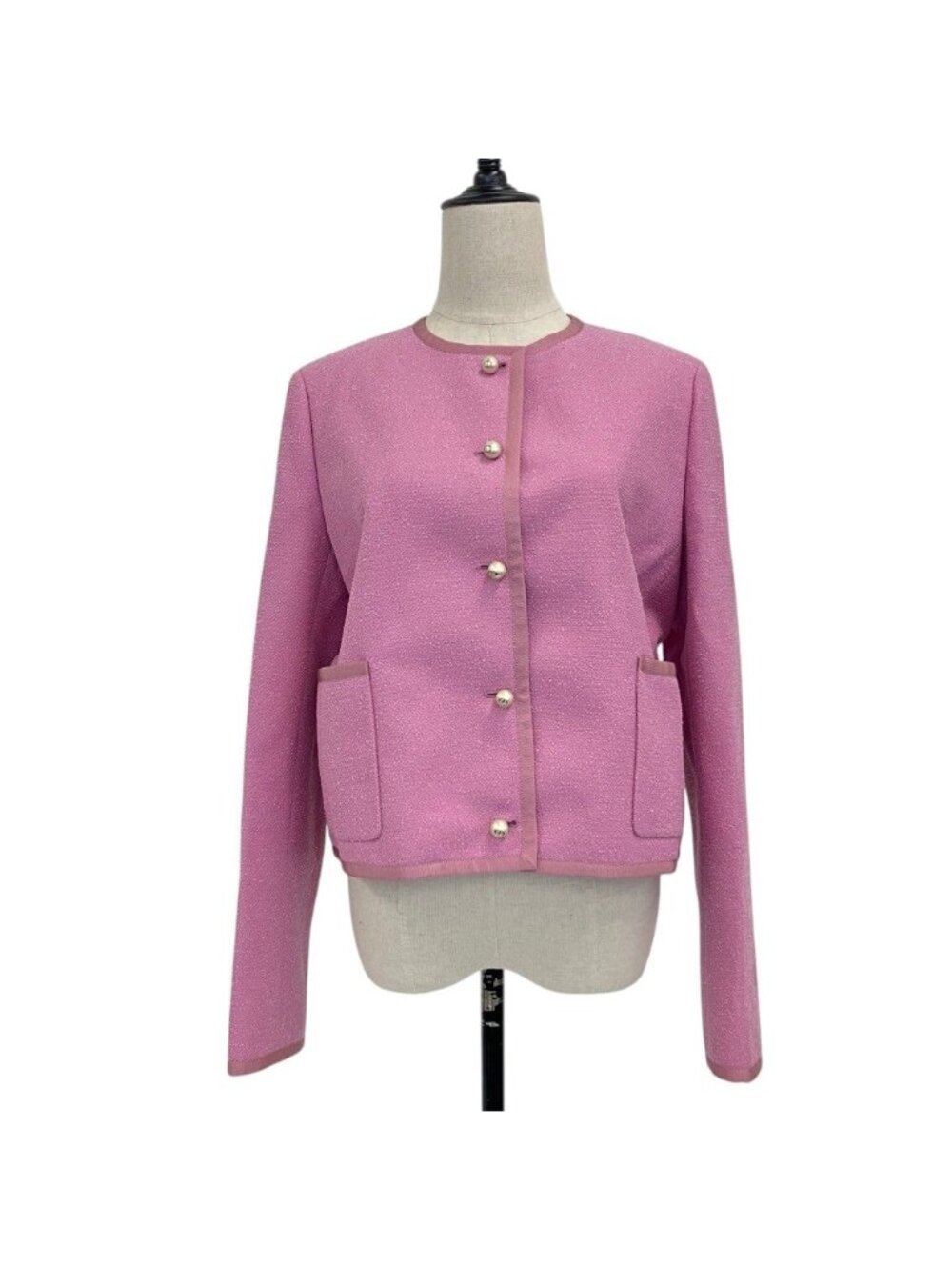 Dior CD Pearl Button Collarless Cropped Jacket Pink